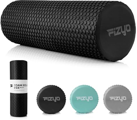 Fizyo Rouleau de massage Rouleau de massage EVA en mousse pour yoga, Pilates, Fitnessu, rééducation, régénération musculaire, soulagement des douleurs dans le dos, les jambes (Noir, 45x15 cm)