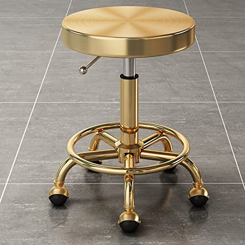 Grauer Barhocker, höhenverstellbar, mit Rollen, für Küche, Bar, Salon, Spa, moderner Gasdruckfeder-Rollhocker für Esstisch oder Schreibtisch, Kunstleder, gepolsterte Sitzfläche, goldene Akzente