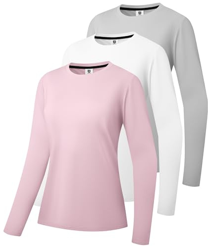 3 Pack Women's Cotton Long Sleeve T-Shirts Round Neck Moisture Wicking Shirts Comfortable Casual Tops Grey/White/Pink-03-M