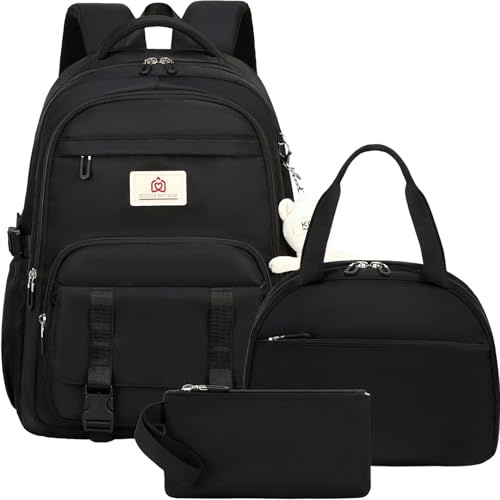 Hidds School Backpack for Teen Girls Women College Laptop Backpacks 3 Pcs Kids Cute Bookbag Set with Lunch Box Pencil Case Elementary Middle High School Bag Students Backpack Set Travel Daypack-Black