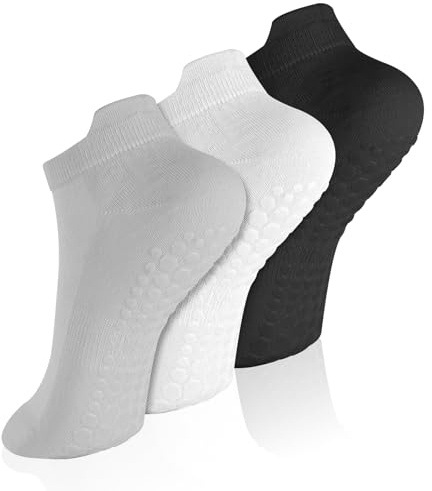 AOOWU Non Slip Yoga Socks, 3 Pair Pilates Socks with Grips, Cotton Yoga Socks for women and men, Non Slip Grip Socks, Full Toe Ankle Non-Slip Grip Socks for Ballet, Pilates, Hospital, Home, One Size