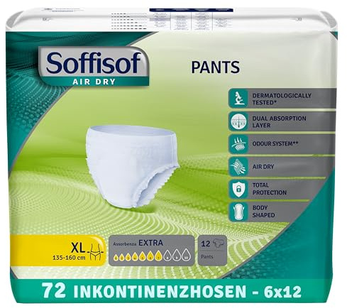 Soffisof Air Dry Pants Extra XL - 72x Pannoloni per Anziani a Mutandina - 6 Confezioni da 12 Mutande Assorbenti per Incontinenza Donna e Uomo - Pants Adulti 7 Gocce - X-Large (135-160 cm)
