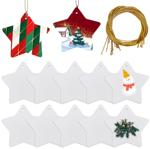 SOFPLATE 1 Box 12Pcs Blank White Ceramic Star Ornaments Unfired Porcelain Stars Two-Sided Frosted Blanks to Paint DIY Hanging Decorations with Gold Strings for Crafts Christmas Wedding Holiday