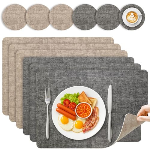 Niviy Placemats and Coasters Set of 6 - Reversible Faux Leather Heat-Resistant Christmas Table Mats, 43x30cm Waterproof Washable Dining Place mats for Table Indoor/Outdoor/Home/Restaurant (Grey)