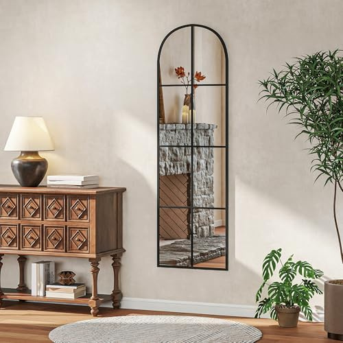 HOMCOM Großer Ganzkörperspiegel 40x160cm Wand- oder Bodenstehend Schwarz | Bogenfenster, Metallrahmen, Explosionsschutzfolie, für Schlafzimmer, Wohnzimmer und Ankleidezimmer