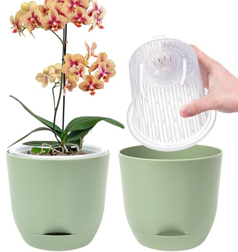 QCQHDU 2Pack Orchid pots,7.2In Large self Watering Orchid Plant pots Indoor, Clear Plastic Pots with Holes and Detachable Water Reservoir(Pure green)