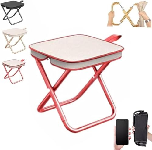 ZUYINBULUO Klappbarer Campinghocker, Leichter Tragbarer Angelhocker, Faltbarer Aluminium-Stuhlsitz for Wandern, Picknick, Strand, Garten, Rasen, Grillen, Reisen, Rucksackreisen, Mit Tragetasche(Red)