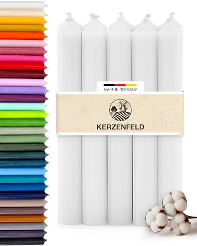 Premium Stabkerzen Weiß durchgefärbt, 10 Stück, 180mm x 22mm - Tafelkerzen | Made in Germany, Lange Brenndauer 8+ Stunden - Bunte Spitzkerzen Ohne Tropfen & Rußen - RAL-Zertifizierte Haushaltskerzen