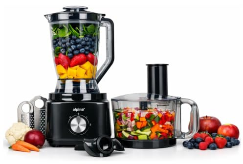 alpina Robot Cuisine FP413GS - Blender Smoothie 1.8L - Robot Multifonctions avec Lames et Râpes - Hachoir Électrique et Pétrin - 750W - Noir