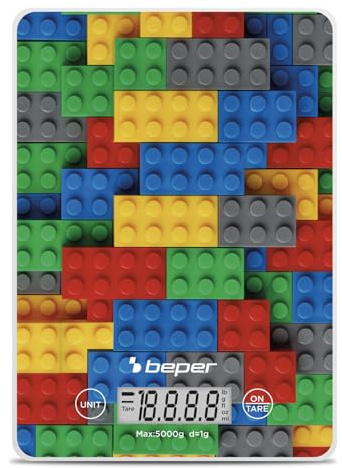BEPER P102BIL005 Bilancia da Cucina Digitale, Piatto in Vetro Temperato, Funzione Tara, Display LCD Touch, Precisione 1g–5kg, Appendibile, Batteria Inclusa, Mattoncini colorati