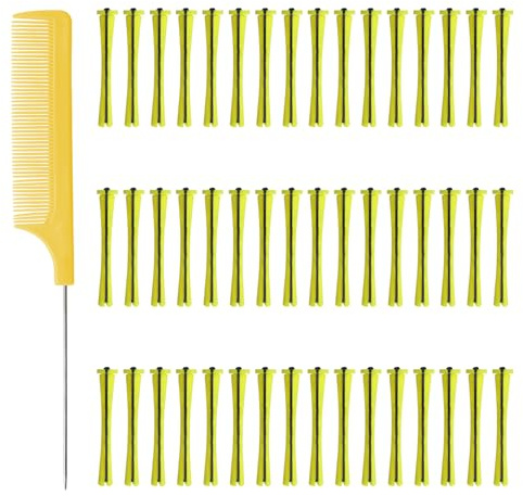 48 Pieces Perm Rods for Short Hair, Perming Kit Hair Rollers Perming Rods with Steel Pintail Comb Rat Tail Comb Small Size Hair Curlers for Hairdressing Styling Supplies (0.28 Inch, Yellow)