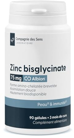 Bisglycinate de Zinc Albion® SF 75 mg – 15 mg de Zinc élémentaire – 90 gélules végétales – Forme amino-chélatée – Sans conservateur – Fabriqué en France