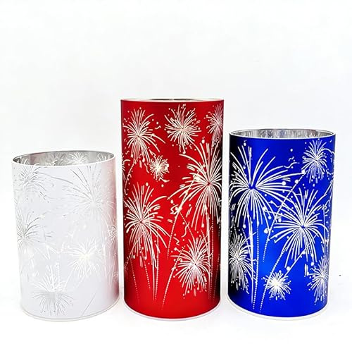 Set of 3 Celebration Hurricane Candle Holders, Etched Firework Starburst Glass Pedestals, Warm White LED Lights, For Mantel Dining Table and Entryway (S+M+L)
