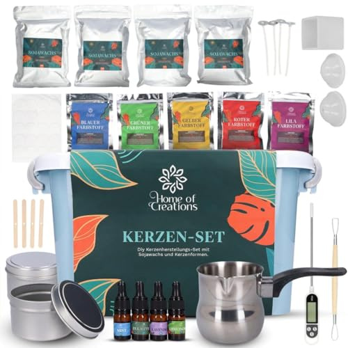 Home of creations Kerzen Selber Machen Set | 1KG Sojawachs mit Formen, Düften & Farbpigmenten | Bastelset Erwachsene | DIY Set Erwachsene | Geschenke für Frauen | Muttertagsgeschenk