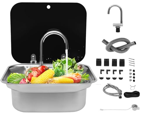 EGBNSY Kit d'Évier de Camping, Kit de Lavabo de Caravane, Evier Camping Car, Couvercle en Verre Trempé, Robinet 360°, Lavabo Cuisine pour Camping-Car, Caravane, Bateau