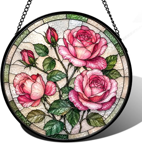 Birth Month Flowers Stained Glass Window Hanging, Sun Catcher for Window, Stained Glass Kit Style Floral Suncatcher, Round Flower Decor for Indoor Window Wall Garden Gift (Rose)