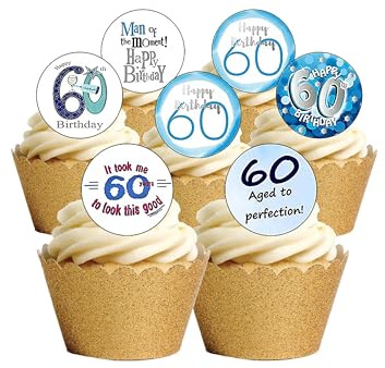 24 Precut MAN Age 60 Sixty Sixtieth 60th Birthday Edible Wafer Paper Cake Toppers Decorations