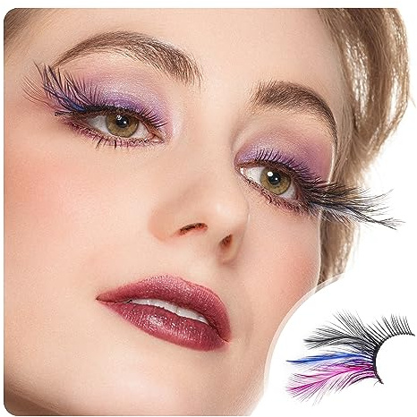 Dorisue Regenbogen-Wimpern, schwarz, blau, lila, Feder, Kostüm, Halloween-Wimpern, falsche Federwimpern, Federverlängerungen für Frauen, Mädchen bei dramatischen Veranstaltungen