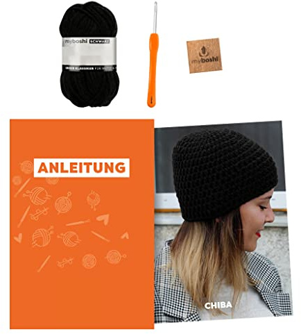 myboshi Häkelset Mütze Chiba, inkl. No.1 Wolle, Nadel und Anleitung, für Mützen und Schals, Häkelpaket, 30% Merinowolle Schwarz, mit Häkelnadel
