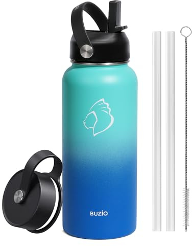 BUZIO Insulated Water Bottle 1L Stainless Steel with Straw & Spout Lid | Metal Water Bottle Keeps Cold 48 Hrs Hot 24 Hrs with Strap, Leakproof Drink Bottles, BPA-Free, for Gym, Travel, Sports