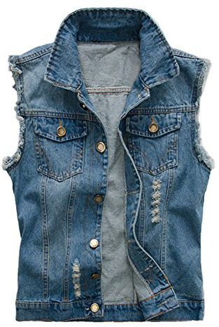 Frestepvie Herr ärmlös jeansväst retro slitna män denim jacka väst trendig kjol punkväst cowboy denim jacka fritid destroyed denimjacka, blå, XL