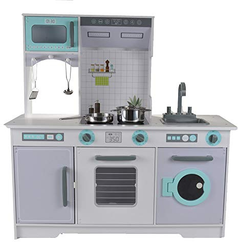 Bandits & Angels Holz-Kinderküche Dream Kitchen Küche Grau ab 3 Jahren für Jungen und Mädchen – Thekenhöhe 50 cm – inkl. 5 Zubehörteilen – Kinderküche – Holzküche