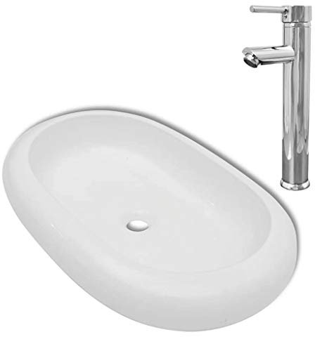Tidyard Lavello Lavandino da Bagno Lavanderia Toilett Ovale in Ceramica Bianca con Miscelatore,Lavandino da Bagno Appoggio,Lavello da Bagno Appoggio,Lavello Lavandino con Miscelatore 63 x 42 cm