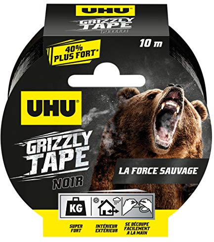 UHU Grizzly tape - Ruban adhésif toilé waterproof pour réparer, consolider, colmater, connecter, ultra fort et durable, noir, 10mx50mm