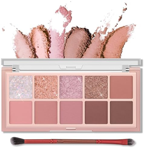 Erinde 10 Farben Glitter Lidschatten Palette, Matte Cream Eyeshadow Palette, Natürlich Nude Lidschattenpalette, Highly Pigmented & Wasserfest Koreanische Augen Makeup Set mit Pinsel - Rose Pink