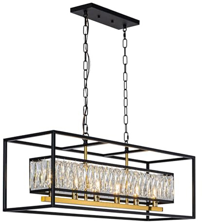 Vezzio Black Crystal Chandeliers for Dining Room 6-Light Modern Rectangle Contemporary Pendant Light Fixture for Kitchen Island L35 Inch
