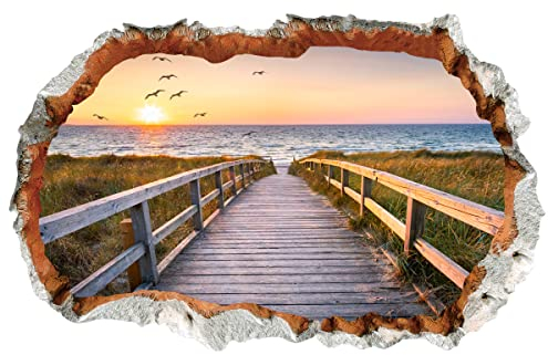 WandSticker4U®- 3D Wandtattoo MEERBLICK I Wandbild: 90x60 cm I Wandsticker Strand Meer Nordsee Steg Sonnenuntergang Poster I Wand Deko für Wohn- & Schlaf-zimmer Küche Flur Bad Aufkleber