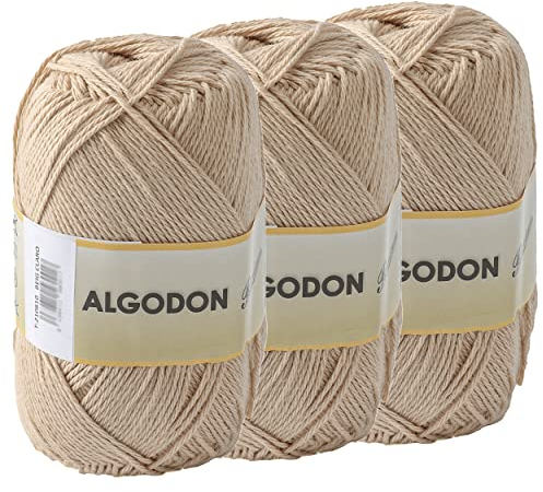 Baumwollgarn 100% Baumwolle 220 Meter zum Stricken und Häkeln, Packung mit 3 x 100g, Farbe Hellbeige
