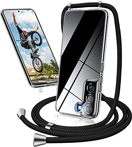 Handykette Hülle für Samsung Galaxy S21 FE Hülle mit Band, Ultradünn Necklace Handyhülle Samsung S21 FE mit Kordel Kette umhängen zumUmhängen Transparent Case Schutzhülle Samsung S21 FE (Schwarz)
