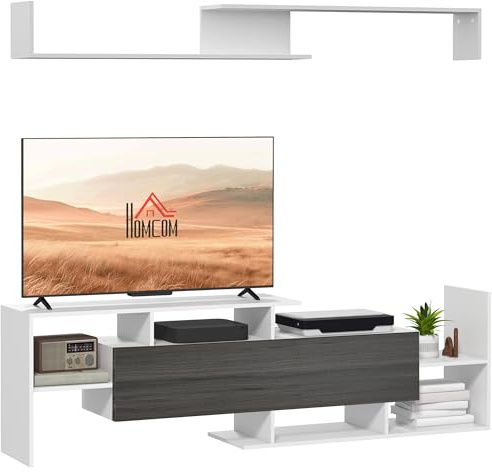 HOMCOM Modern TV Cabinet with Wall Shelf for 65 TVs, White and Grey