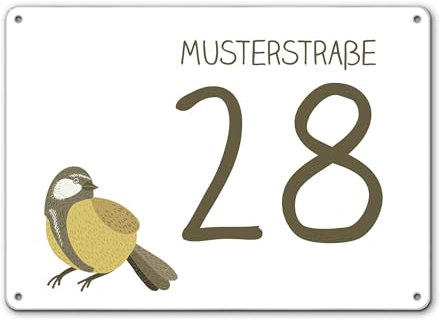 banjado® Hausnummernschild personalisierbar Motiv Vogel mit Sprechblase - Hausschild personalisiert Draußen mit Straßennamen - Hausnummernschild Edelstahl versch. Motive - inkl. Montagematerial