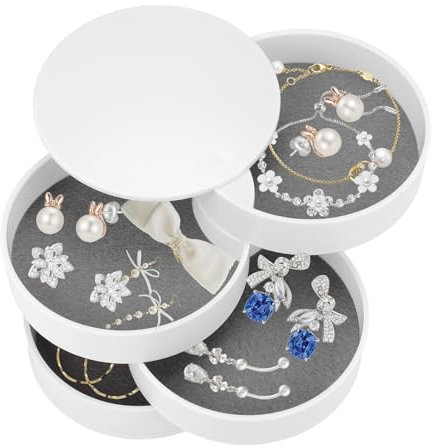 BoîTe à Bijoux Pivotante, 4 Couches, Pivotant à 360°, BoîTe de Voyage Pour Bijoux, Organisateur de Boucles D'Oreilles, BoîTe de Rangement Avec Couvercle Pour Colliers, Bracelets Et Bagues(Blanc)
