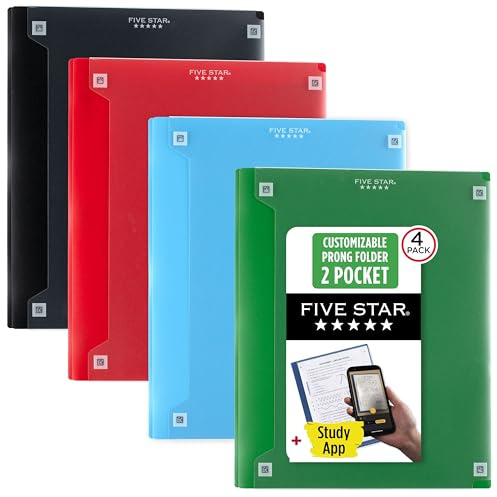 Five Star 2-Pocket Folder + Study App, 4 Pack, Plastic Folder with Prong Fasteners and Customizable Clear Cover, Holds 8-1/2 x 11 Paper, Black, Pacific Blue, Fire Red, Forest Green (340220A-ECM)