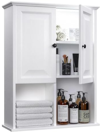 HAIOOU Bathroom Wall Cabinet with Motion Sensor LED Light, Wooden Medicine Cabinet Wall Mounted Cupboard, Over Toilet Storage Cabinet with Buffering Hinges and Adjustable Shelf - Modern White