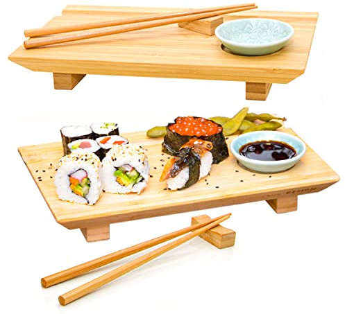 DuneDesign Juego de vajilla para sushi para 2 personas, 27 x 16 x 4, sushi, mesa de bambú, vajilla completa, plato de sushi, plato de sushi, bandeja de servir, tabla de servir, tabla de bambú