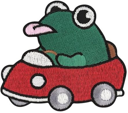 Urbanski Patch Lustiger Frosch im Auto zeigt Zunge zum Aufbügeln 6,4 x 7,4 cm | Aufnäher Applikation Bügelbild