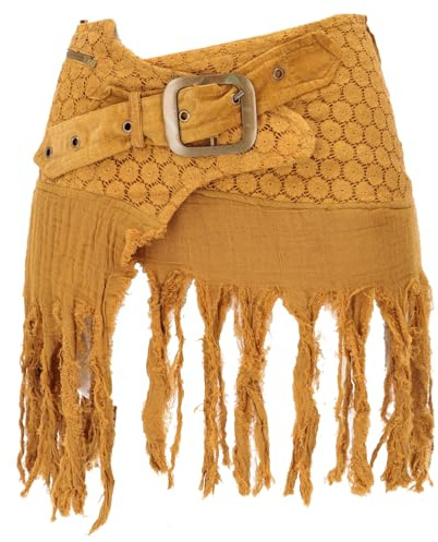 GURU SHOP Goa Minigonna, Gonna avvolgente, Tribal Cacheur, Adulteratore, Gonna con frange, Donna, Verde, Cotone, Taglia: 38, Abbigliamento alternativo, curry, 44