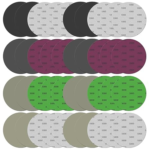 40PCS 5 Inch Wet Dry Sanding Discs, Hook & Loop Orbital Sandpaper 1000/2000/3000/5000 Assorted Grit,Silicon Carbide High Grit Round Flocking Grinding Abrasive Paper for Auto, Wood or Metal Polishing