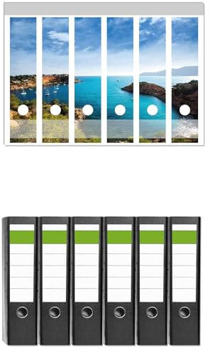 Wallario 6 Stück breite Ordner inkl. Klebeetiketten mit Motiv Ibiza - Blick von Einer Bucht aufs Meer - Set mit Rückenschildern/Ordnerrücken Stickern