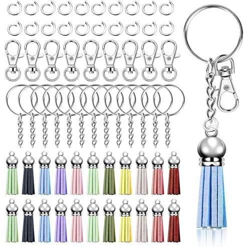 Keadic 136-teiliges silbernes Schlüsselanhänger-Bastelset enthält Drehhaken, Schlüsselanhänger, bunte Quasten, offener Bindering und Schraubösen für Acryl-Rohlinge, Charms, Ohrringe, Armbänder