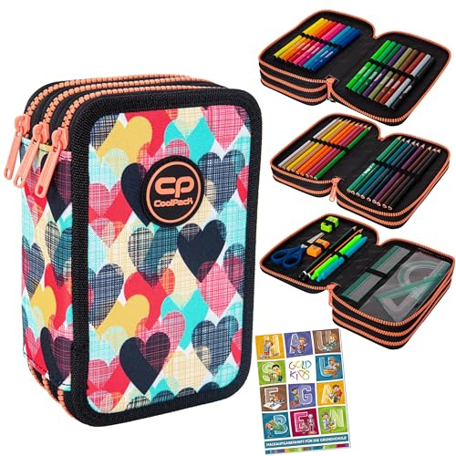 Goldkids CoolPack XXL Chocolove Federtasche Federmappe 3-Fach Schulstiftetui, dreifaches Federmäppchen, Federmäppchen für Mädchen, Jungen, Federmäppchen 44-teilig gefüllte Schüleretui 3-stöckig