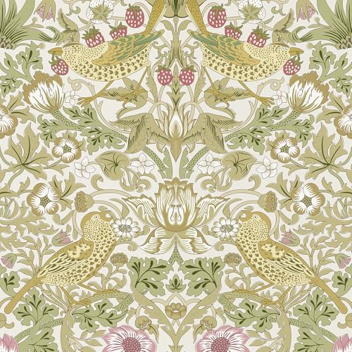 HueBurst 17.7x394 in White Peel and Stick Floral Wallpaper Flower/Strawberry/Bird William Morris Vintage Wallpaper Self Adhesive Contact Paper Removable Wall Paper for LivingRoom Bedroom Kitchen Decor