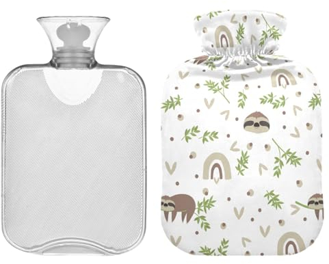 ZZXXB Wärmflasche mit Faultier und Blättern, mit Fleece-Bezug, PVC-Wärmbeutel, 2 Liter