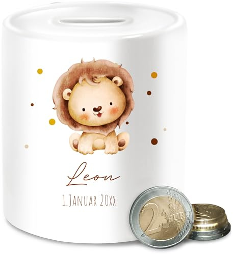 Spardose - Löwe mit Name und Datum personalisiert I Geburtstag I Geburt Tiermotiv Geschenk Löwen - Unisize - Weiß - Junge kinderspardose löwenmotiv Leo spardosen zur Kinder Tiere