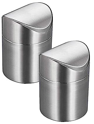 ETRAVEL 2 Pack Mini Stainless Steel Worktop Bin with Swing Top Lid, 1.5L Small Countertop Waste Caddy, Compact Desktop Dustbin for Tea Bags, Coffee Pods, Kitchen, Bathroom & Office