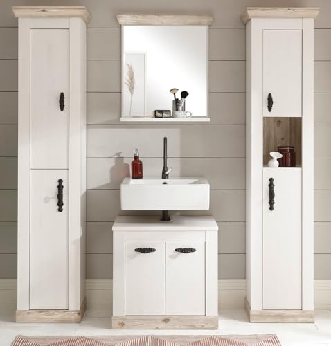 Furn.Design Badmöbel Set in weiß Pinie/Oslo Pinie Landhaus-Stil Badezimmer 4-teilig mit Waschbeckenunterschrank, Spiegel und 2X Hochschrank 184 x 200 cm Rovola (Set 6)